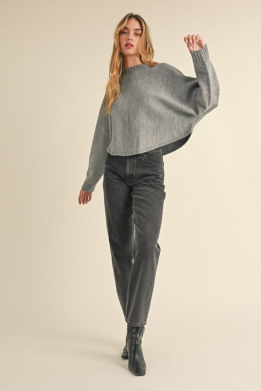 Mable Round Neck Dolman Sleeve Cropped Sweater - Sweater - H Grey - Bella Bourget