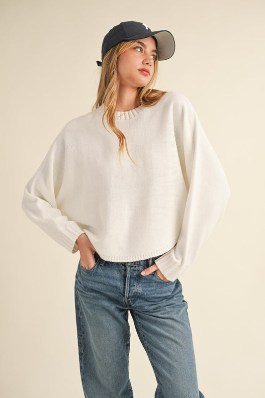 Mable Round Neck Dolman Sleeve Cropped Sweater - Sweater - Off White - Bella Bourget