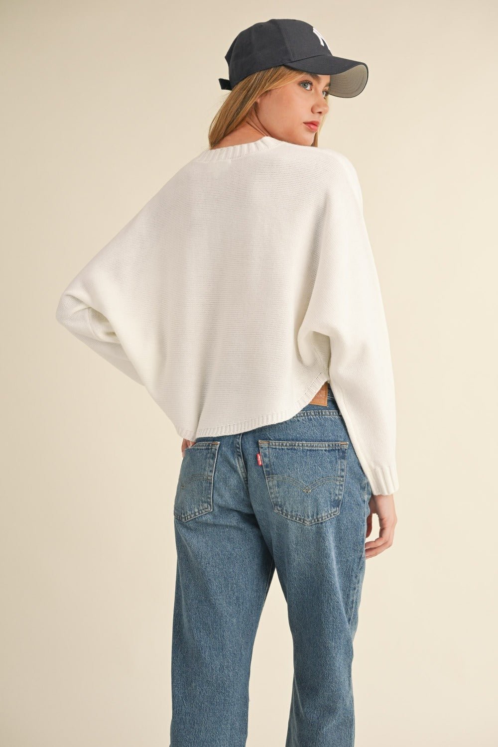 Mable Round Neck Dolman Sleeve Cropped Sweater - Sweater - Off White - Bella Bourget