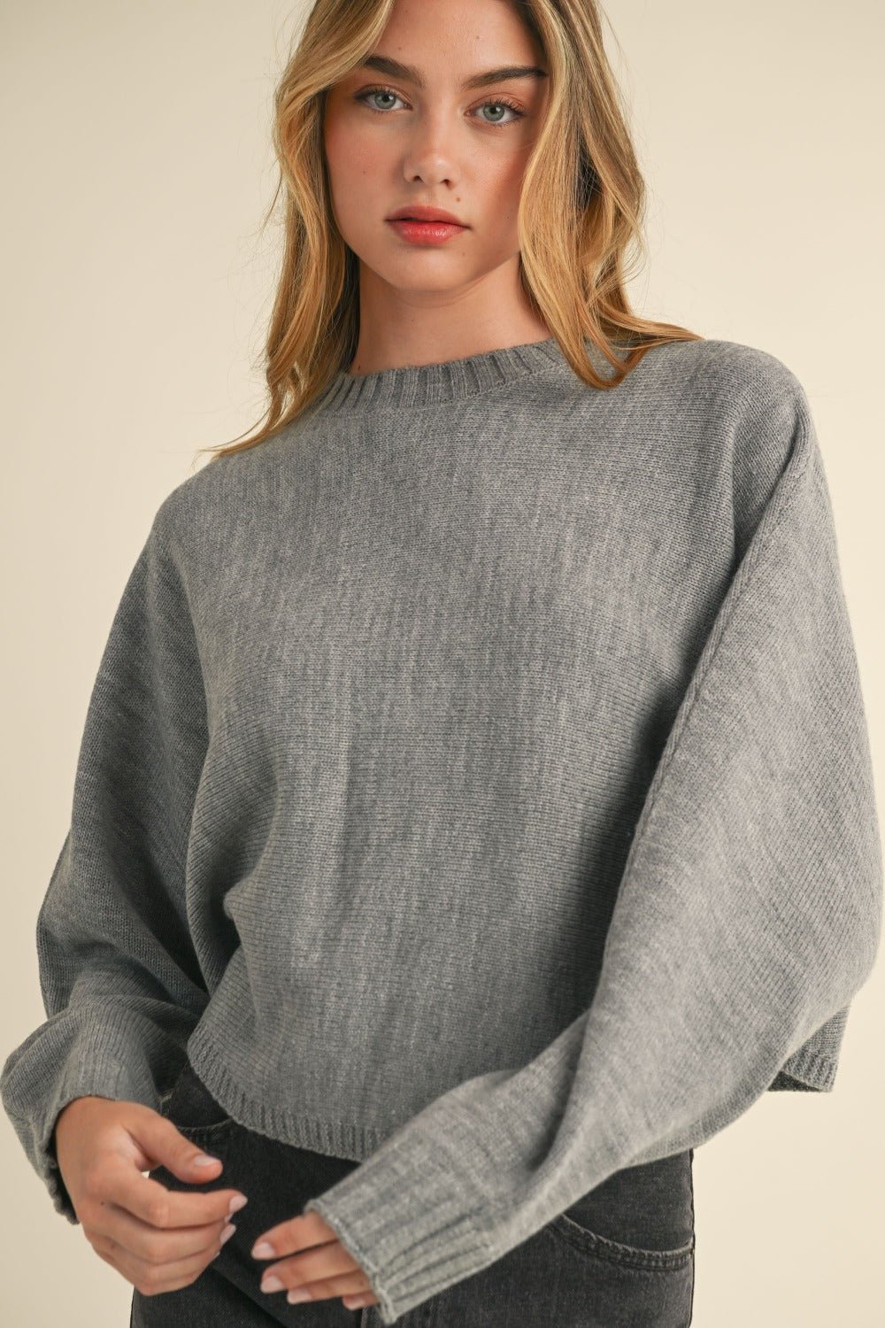 Mable Round Neck Dolman Sleeve Cropped Sweater - Sweater - H Grey - Bella Bourget