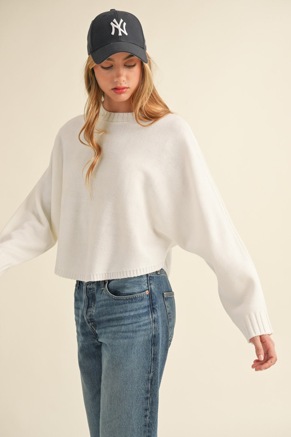 Mable Round Neck Dolman Sleeve Cropped Sweater - Sweater - Off White - Bella Bourget