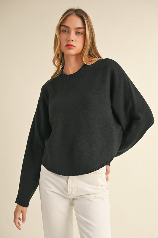 Mable Round Neck Dolman Sleeve Cropped Sweater - Sweater - Black - Bella Bourget