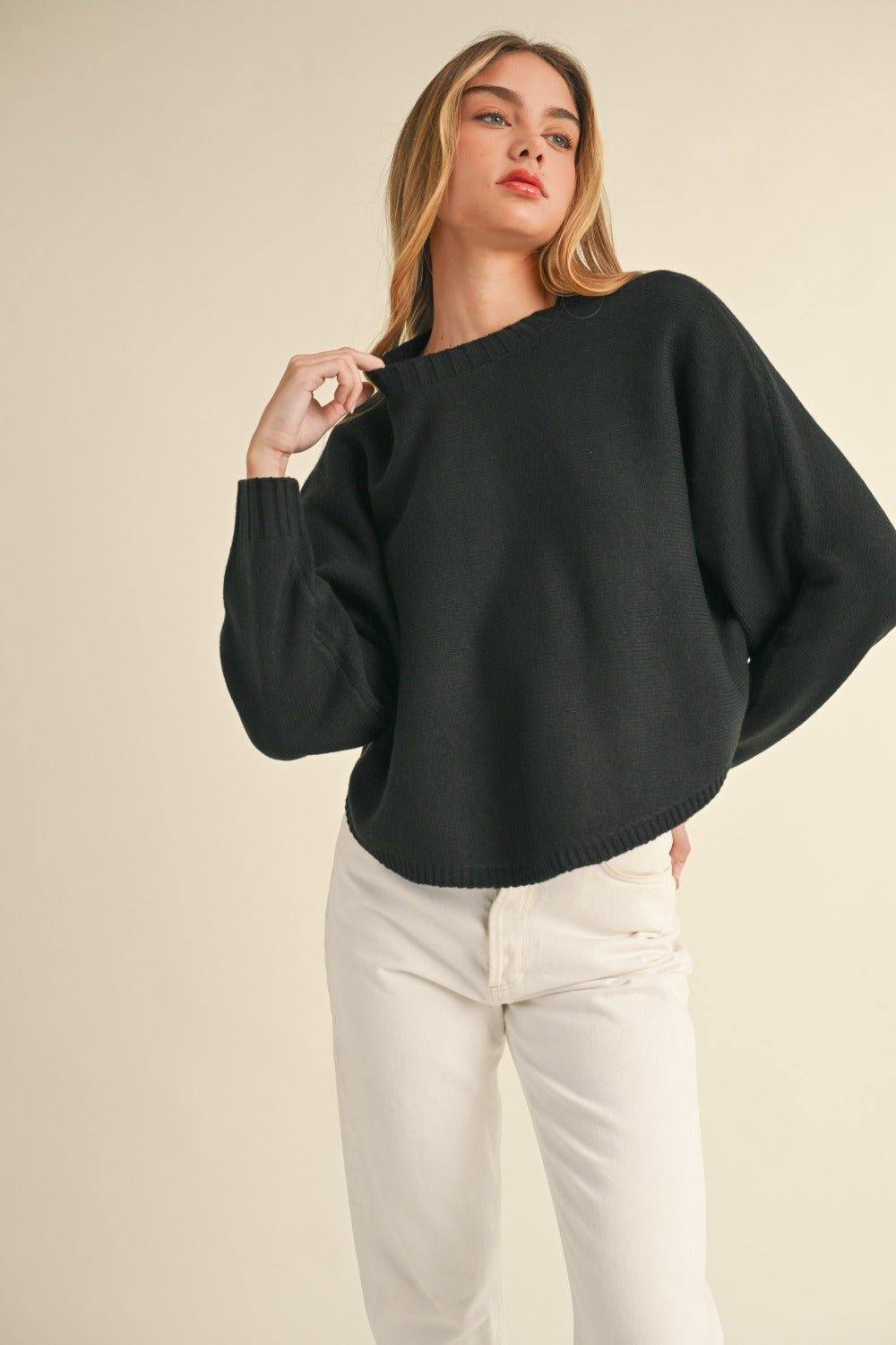 Mable Round Neck Dolman Sleeve Cropped Sweater - Sweater - Black - Bella Bourget