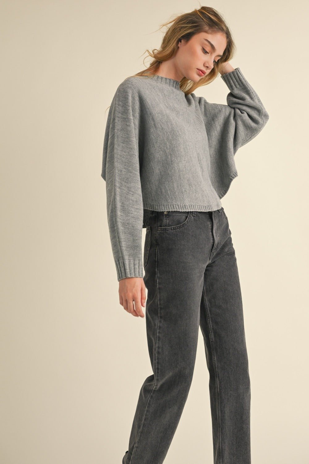 Mable Round Neck Dolman Sleeve Cropped Sweater - Sweater - H Grey - Bella Bourget