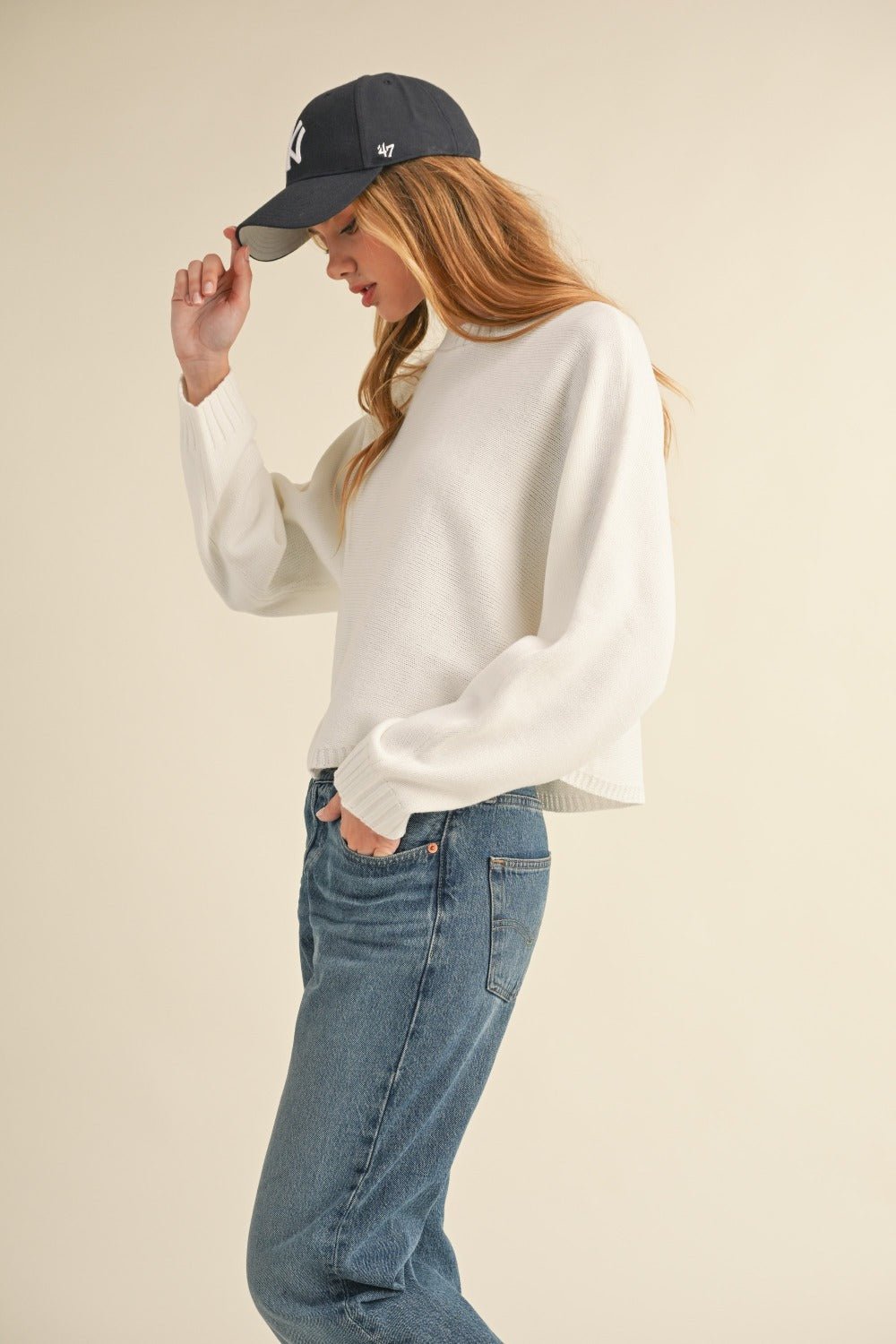 Mable Round Neck Dolman Sleeve Cropped Sweater - Sweater - Off White - Bella Bourget