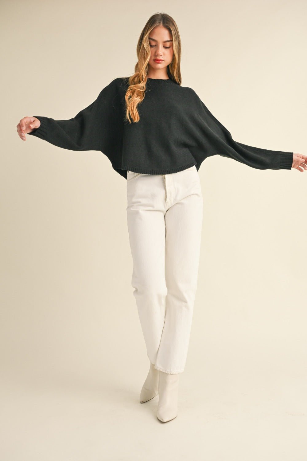 Mable Round Neck Dolman Sleeve Cropped Sweater - Sweater - Black - Bella Bourget