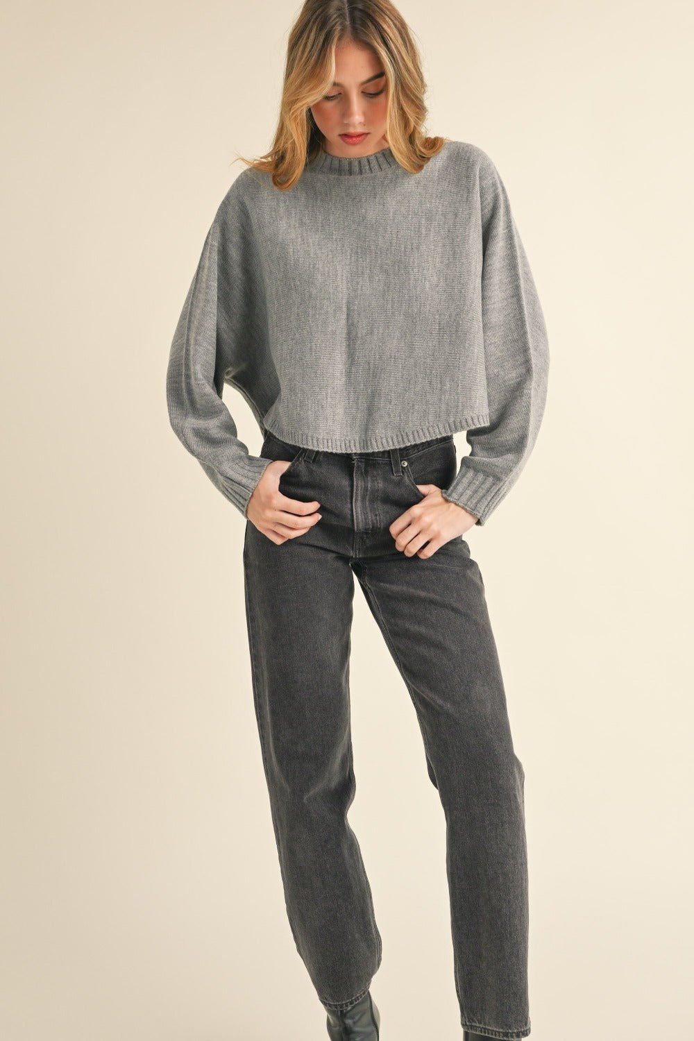 Mable Round Neck Dolman Sleeve Cropped Sweater - Sweater - H Grey - Bella Bourget