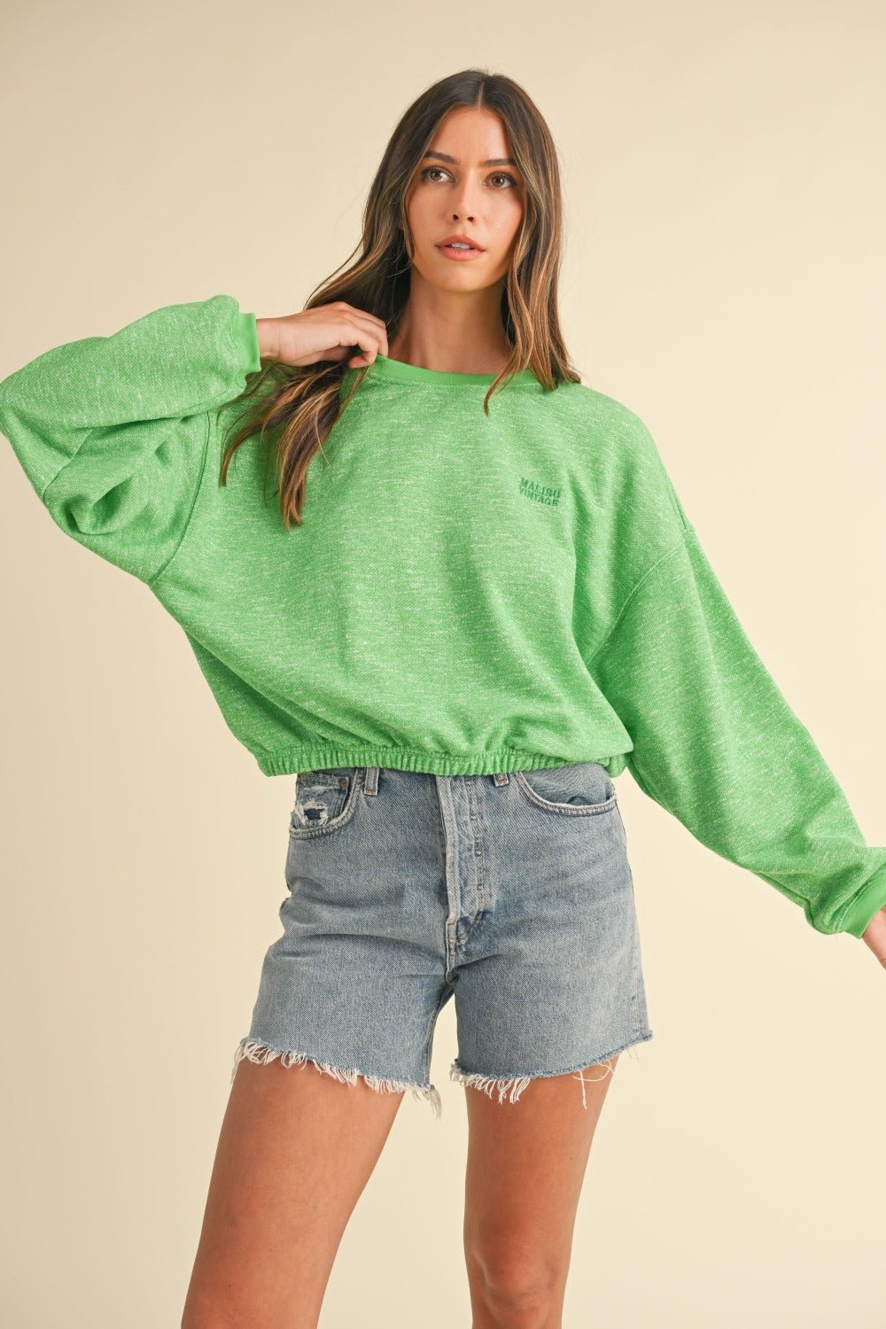 Mable Round Neck Letter Embroidery Crop Sweatshirt - Sweater - Apple Green - Bella Bourget