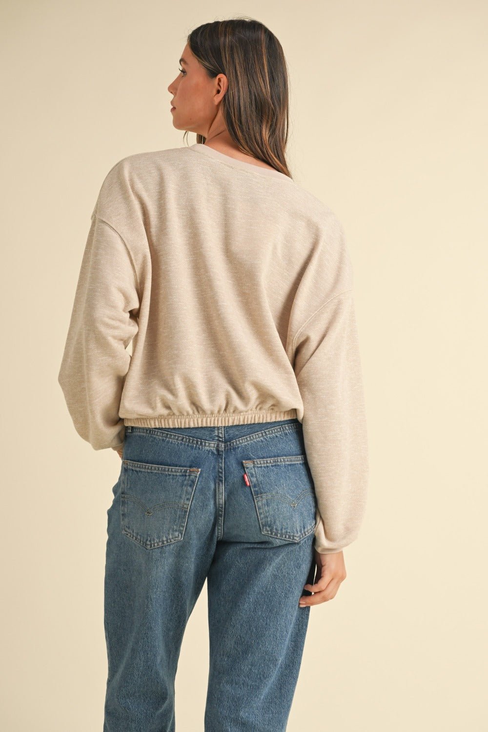 Mable Round Neck Letter Embroidery Crop Sweatshirt - Sweatshirt - Taupe - Bella Bourget