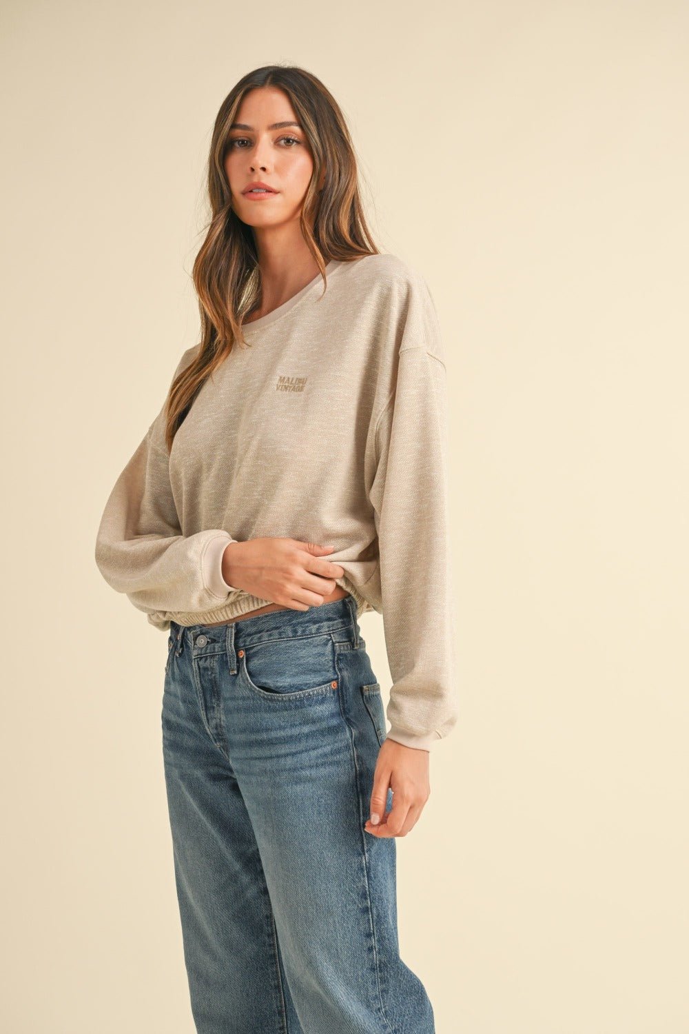 Mable Round Neck Letter Embroidery Crop Sweatshirt - Sweatshirt - Taupe - Bella Bourget