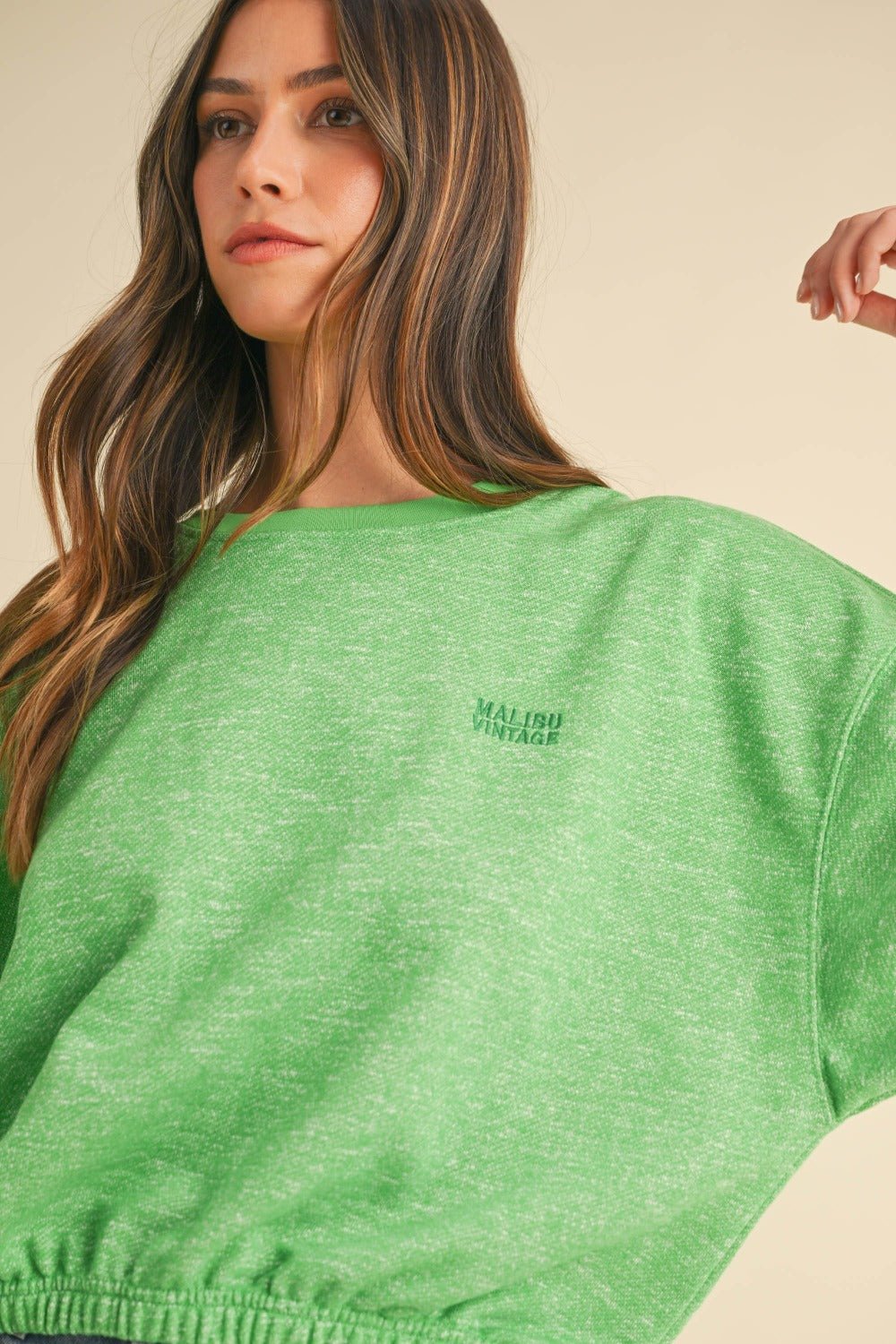 Mable Round Neck Letter Embroidery Crop Sweatshirt - Sweater - Apple Green - Bella Bourget