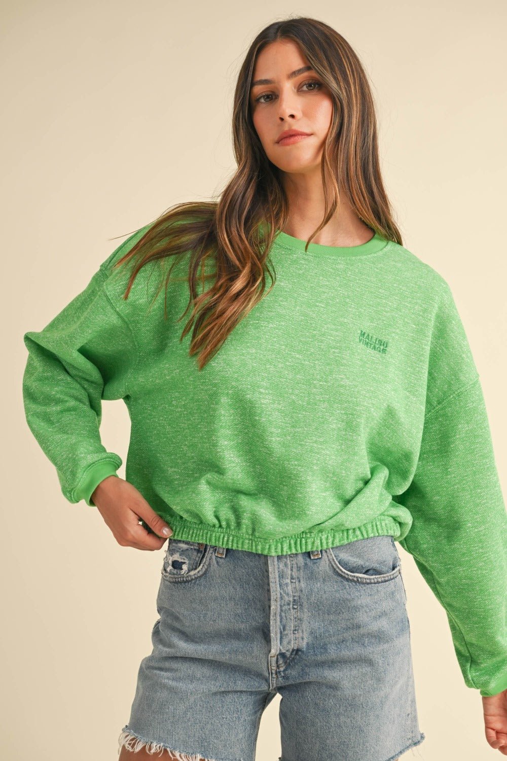 Mable Round Neck Letter Embroidery Crop Sweatshirt - Sweater - Apple Green - Bella Bourget