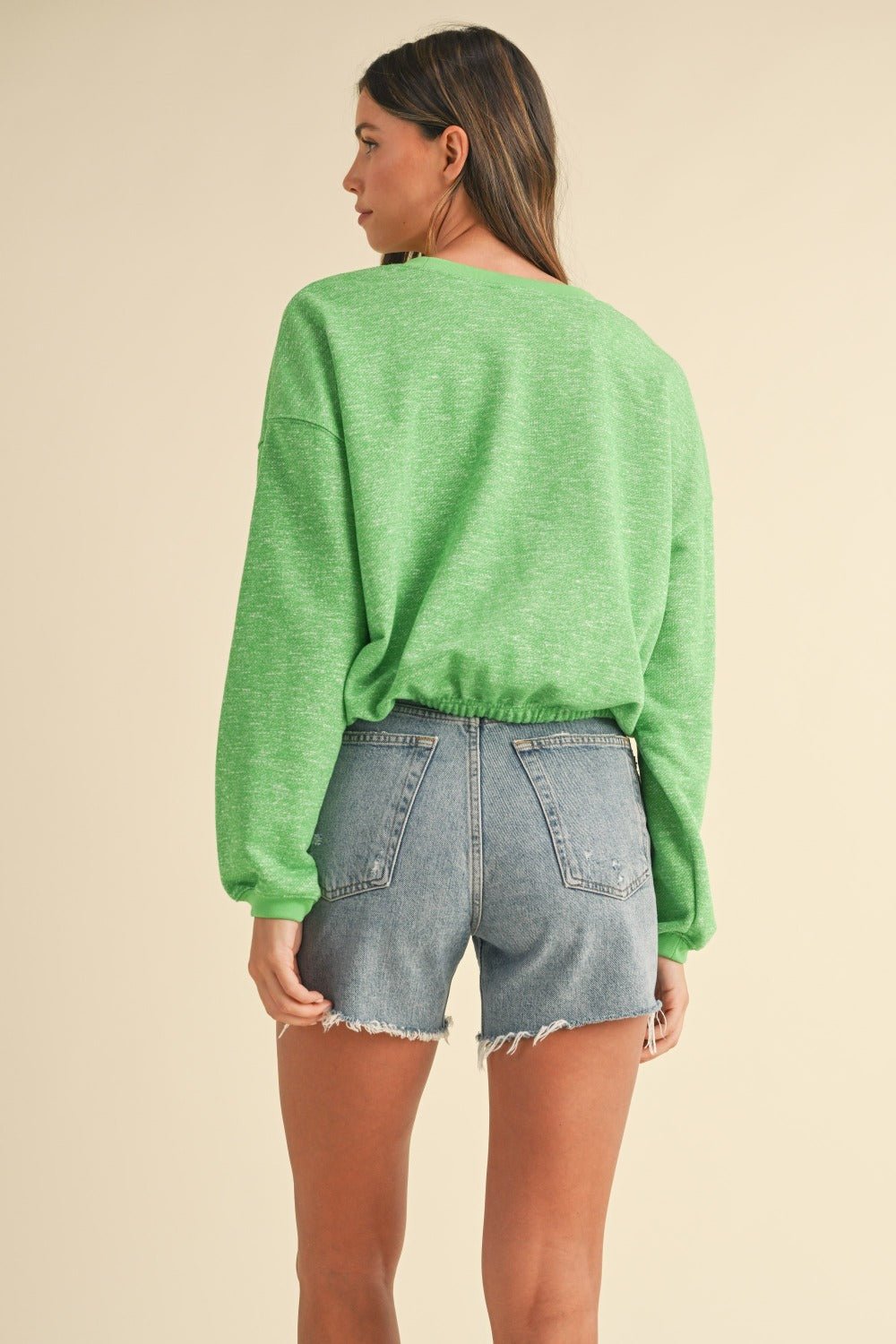 Mable Round Neck Letter Embroidery Crop Sweatshirt - Sweater - Apple Green - Bella Bourget