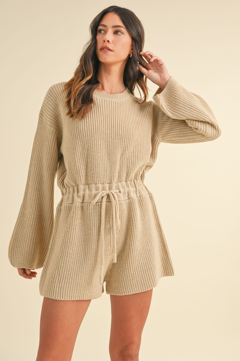 MABLE Round Neck Long Sleeve Sweater Romper - Romper - Taupe - Bella Bourget