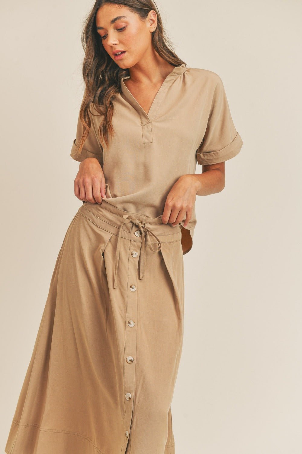 MABLE Short Sleeve Top and Button Down Midi Skirt Set - Set - Taupe - Bella Bourget