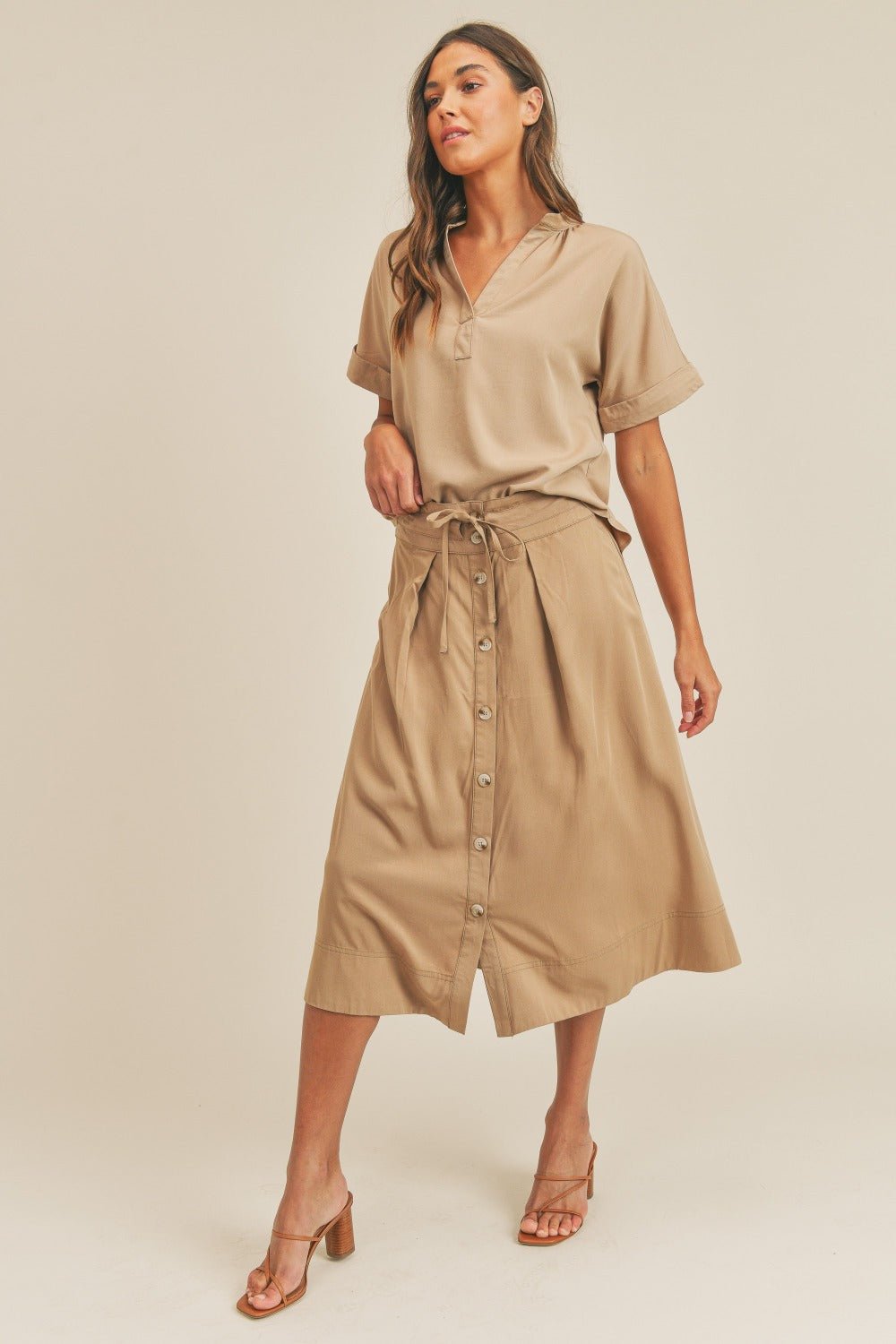 MABLE Short Sleeve Top and Button Down Midi Skirt Set - Set - Taupe - Bella Bourget