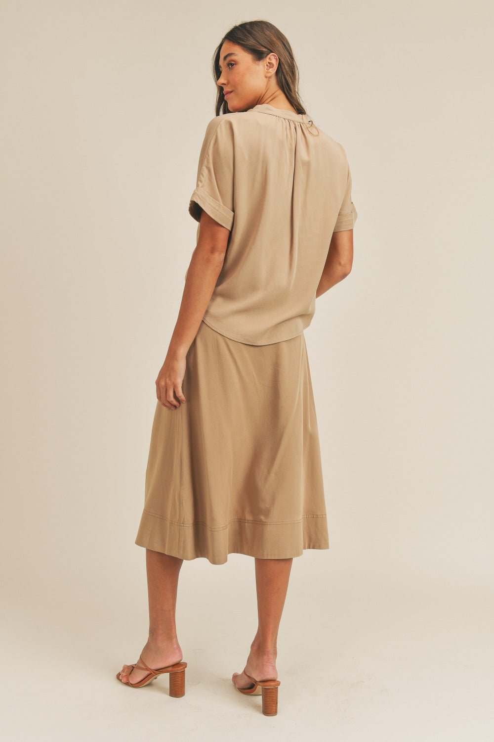 MABLE Short Sleeve Top and Button Down Midi Skirt Set - Set - Taupe - Bella Bourget