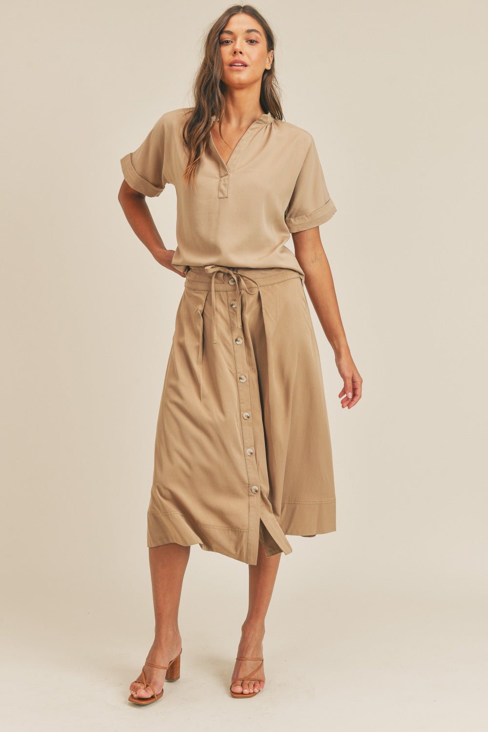 MABLE Short Sleeve Top and Button Down Midi Skirt Set - Set - Taupe - Bella Bourget