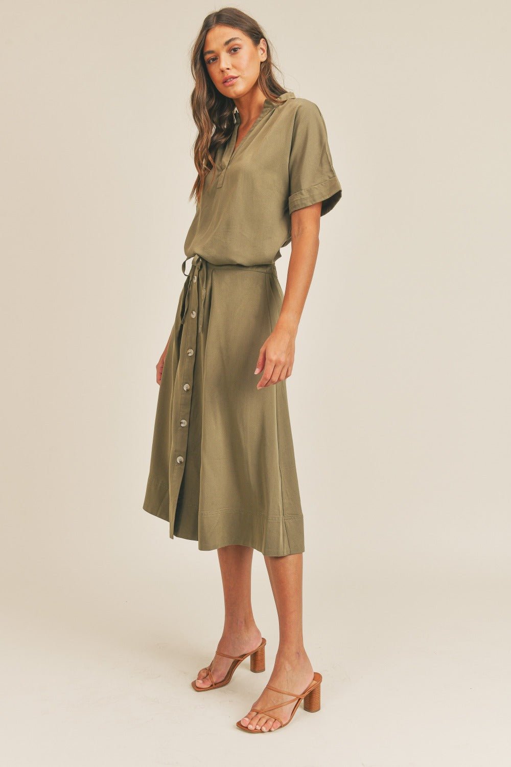 MABLE Short Sleeve Top and Button Down Midi Skirt Set - Skirt - Olive - Bella Bourget