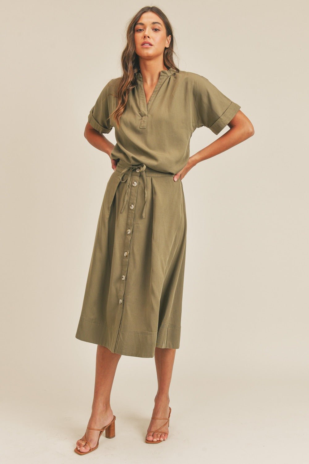 MABLE Short Sleeve Top and Button Down Midi Skirt Set - Skirt - Olive - Bella Bourget