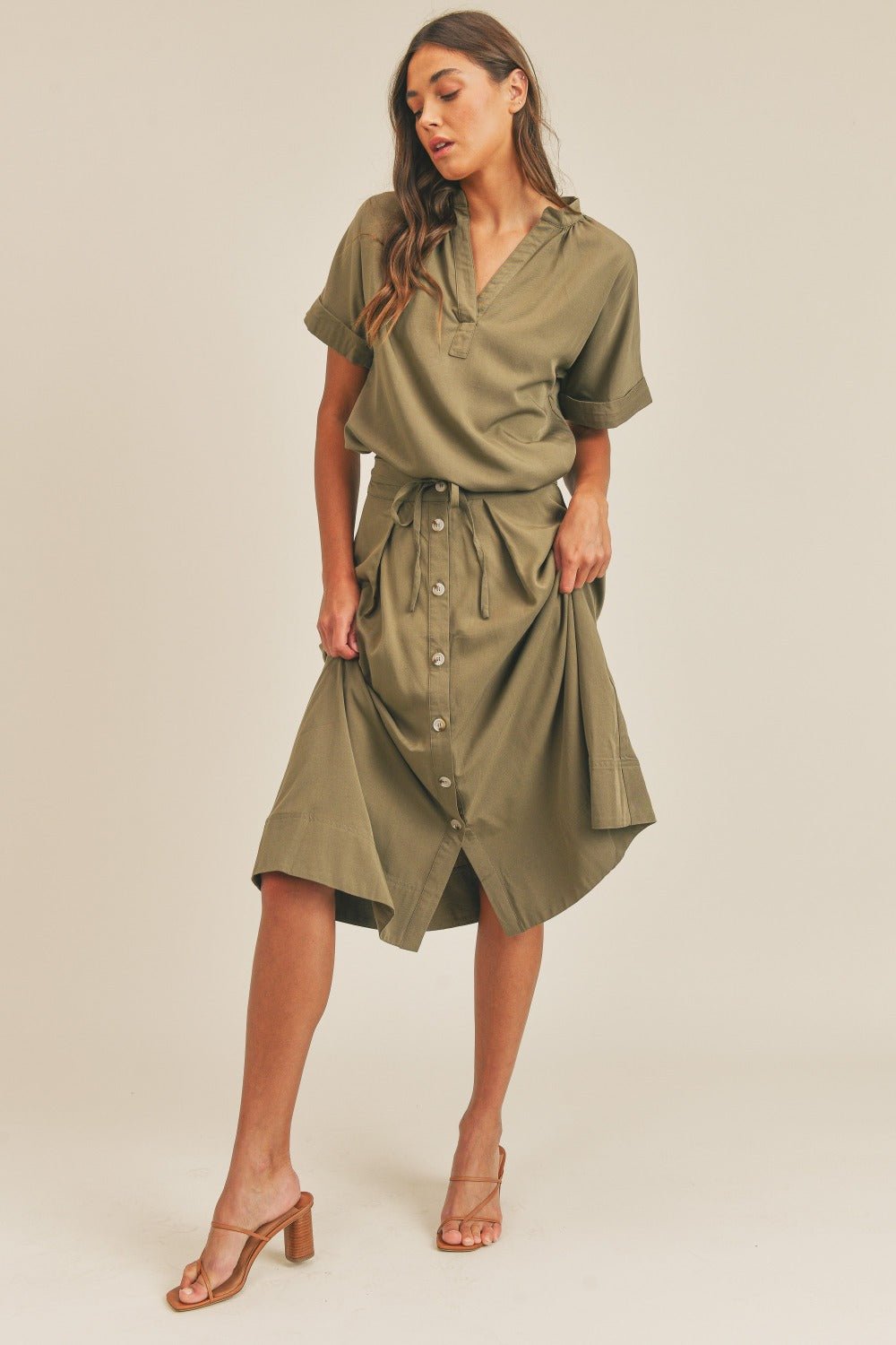 MABLE Short Sleeve Top and Button Down Midi Skirt Set - Skirt - Olive - Bella Bourget