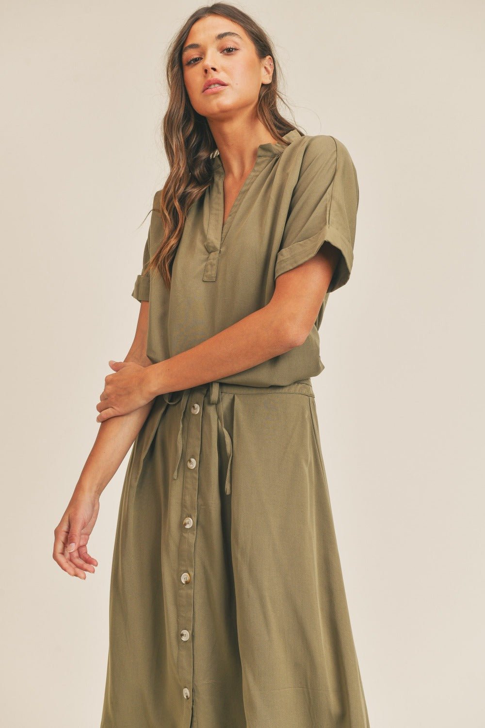 MABLE Short Sleeve Top and Button Down Midi Skirt Set - Skirt - Olive - Bella Bourget