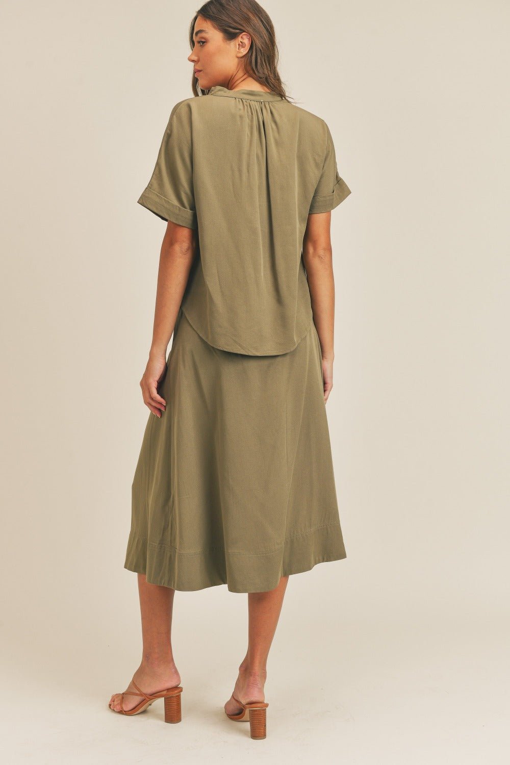 MABLE Short Sleeve Top and Button Down Midi Skirt Set - Skirt - Olive - Bella Bourget