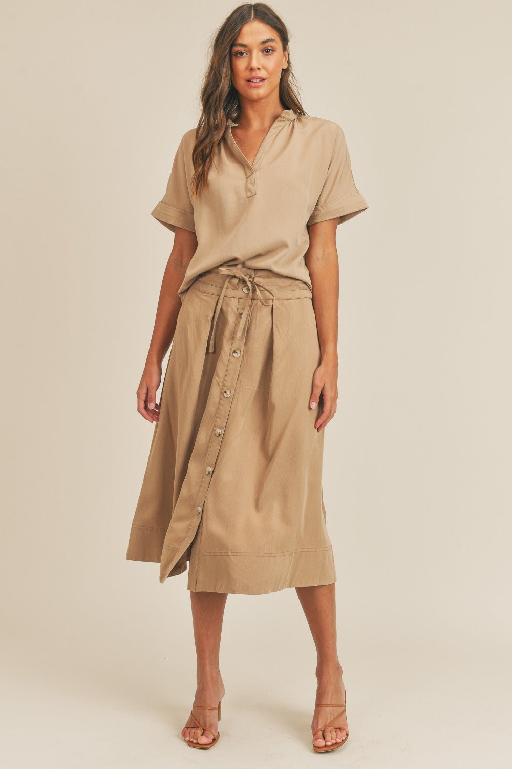 MABLE Short Sleeve Top and Button Down Midi Skirt Set - Set - Taupe - Bella Bourget