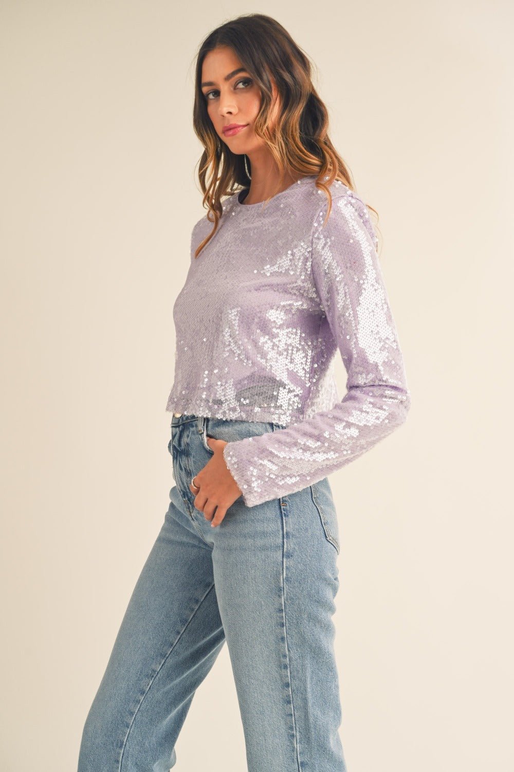 MABLE Shoulder Padded Sequin Crop Top - Top - Lavender - Bella Bourget