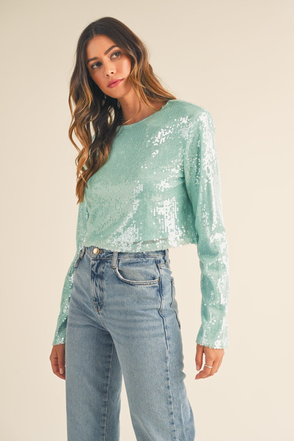 MABLE Shoulder Padded Sequin Crop Top - Top - Mint - Bella Bourget