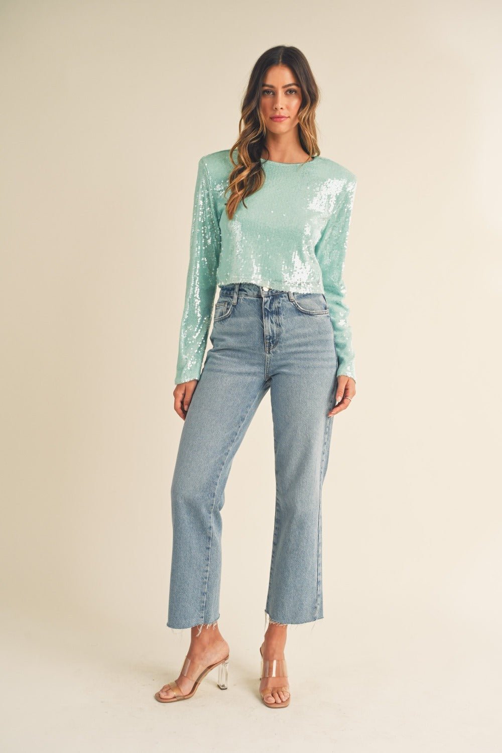 MABLE Shoulder Padded Sequin Crop Top - Top - Mint - Bella Bourget