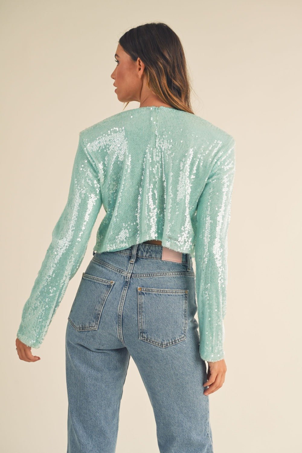 MABLE Shoulder Padded Sequin Crop Top - Top - Mint - Bella Bourget