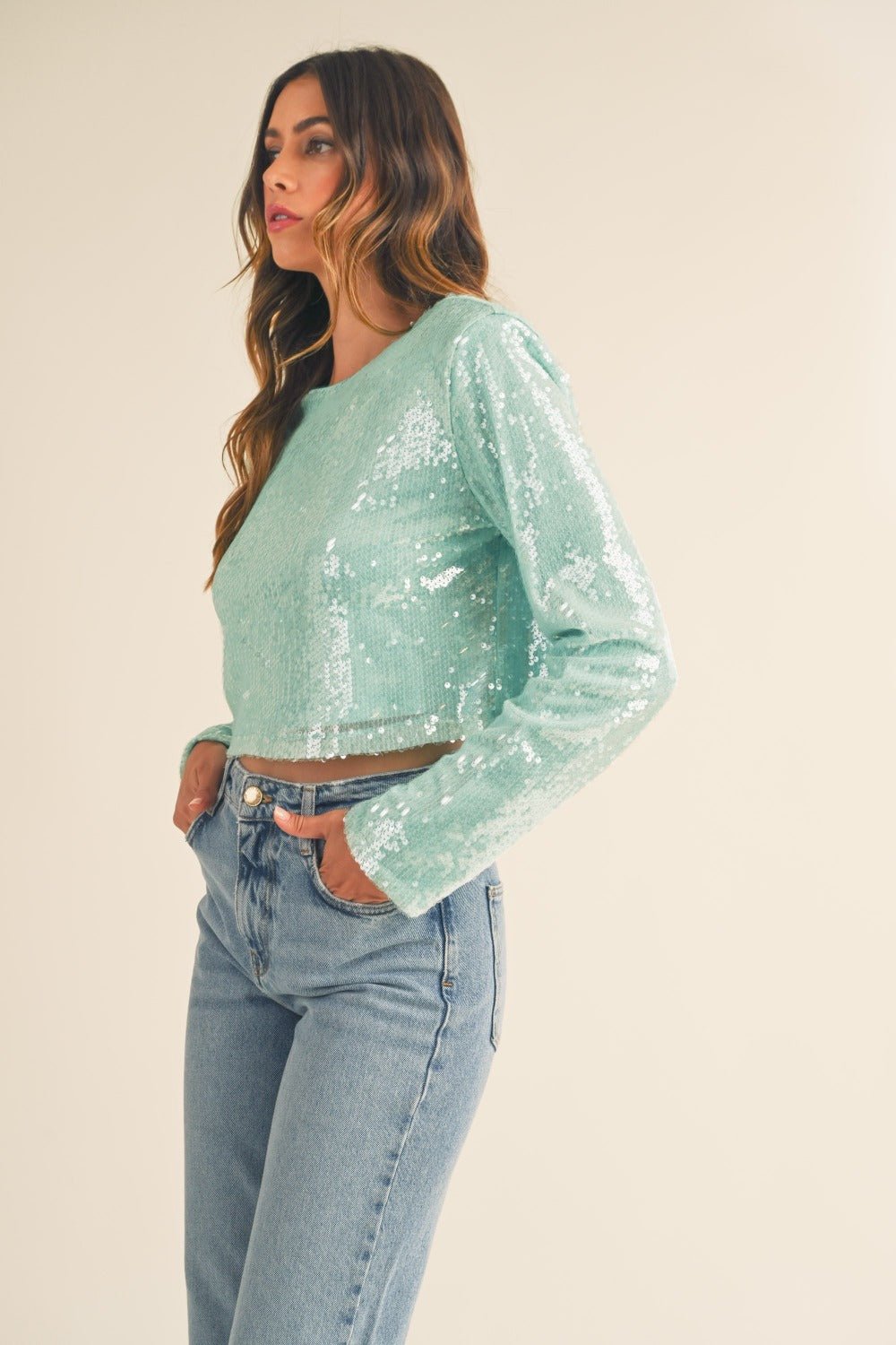 MABLE Shoulder Padded Sequin Crop Top - Top - Mint - Bella Bourget