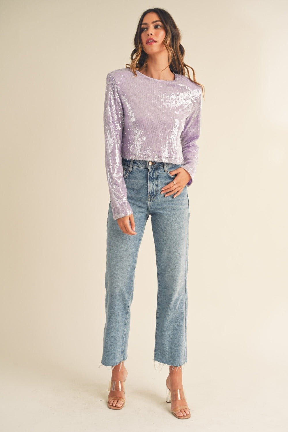 MABLE Shoulder Padded Sequin Crop Top - Top - Lavender - Bella Bourget