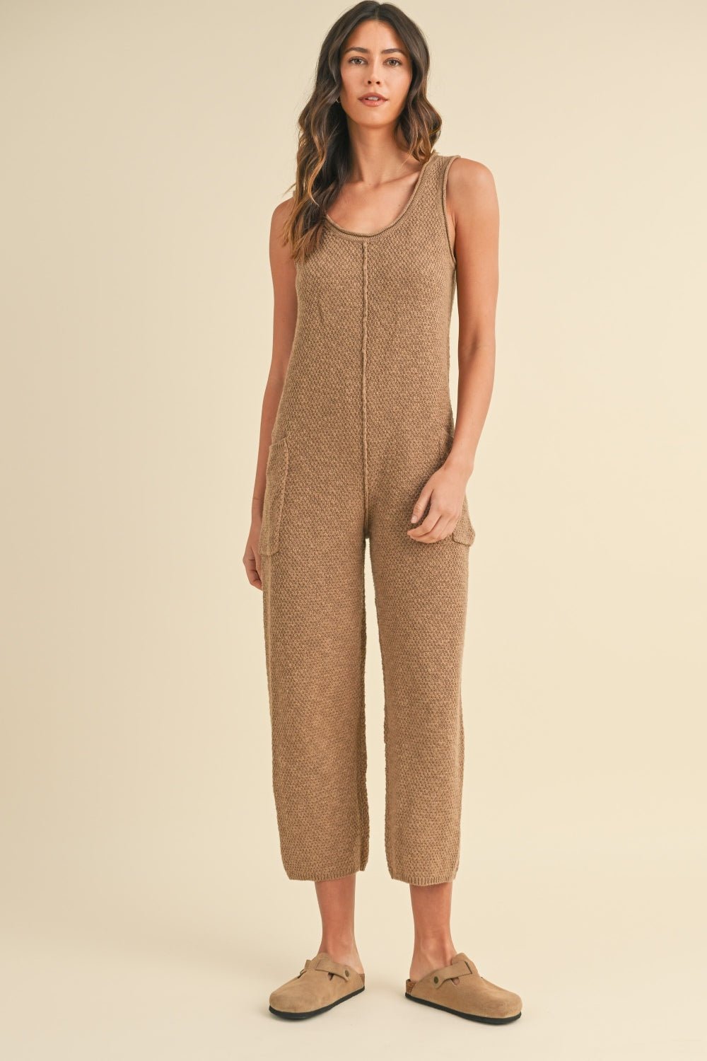 MABLE Sleeveless Knit Crop Jumpsuit with Pockets - Jumpsuit - Mocha - Bella Bourget