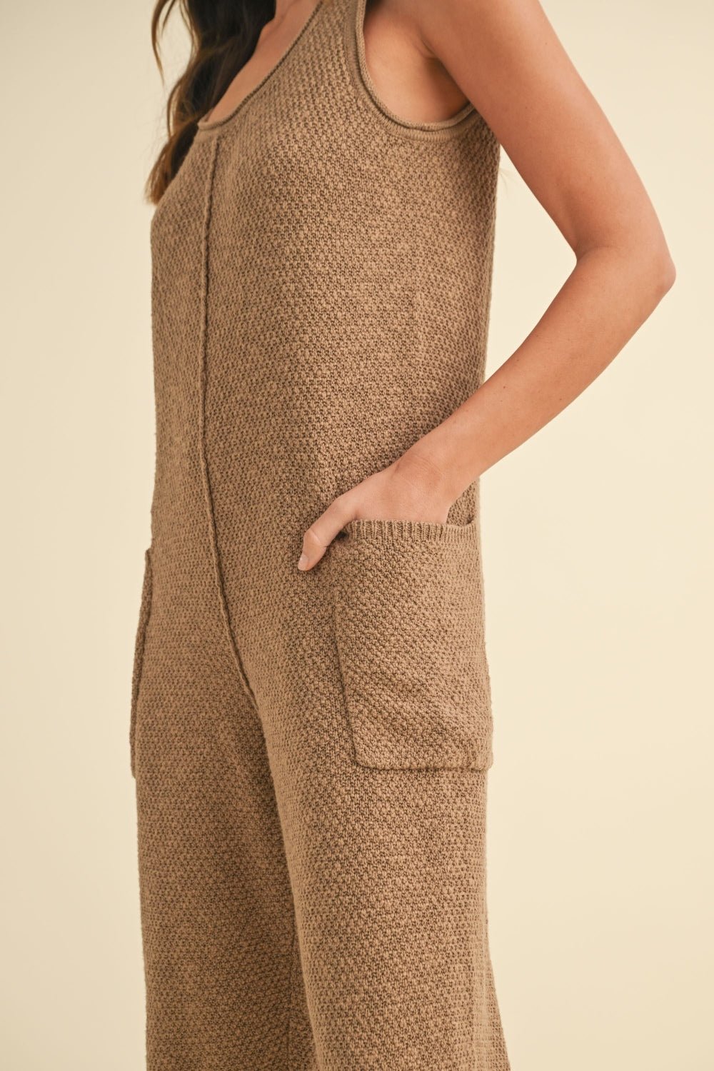 MABLE Sleeveless Knit Crop Jumpsuit with Pockets - Jumpsuit - Mocha - Bella Bourget