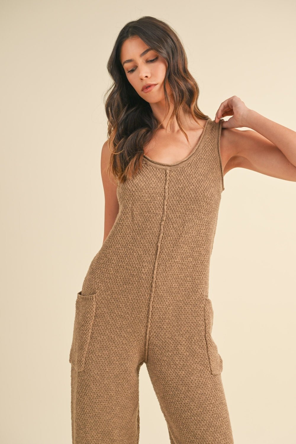 MABLE Sleeveless Knit Crop Jumpsuit with Pockets - Jumpsuit - Mocha - Bella Bourget