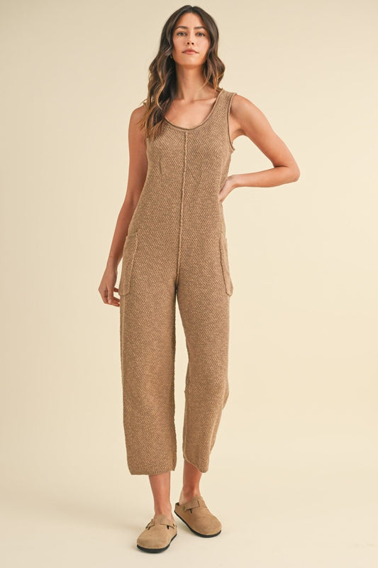 MABLE Sleeveless Knit Crop Jumpsuit with Pockets - Jumpsuit - Mocha - Bella Bourget