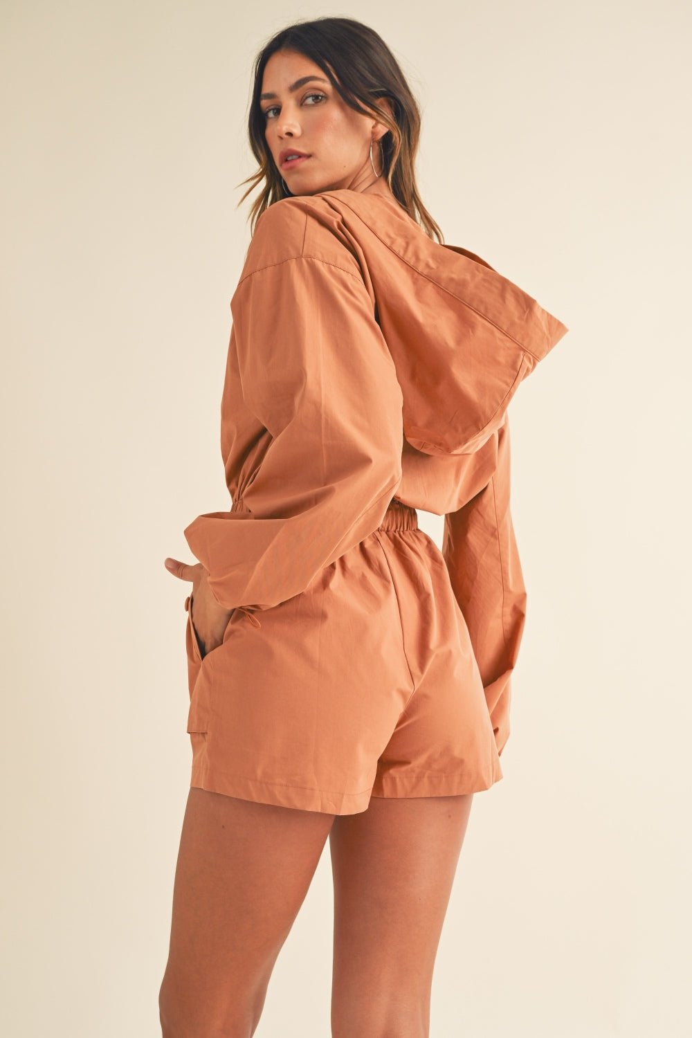 Mable Snap Down Long Sleeve Hooded Romper - Romper - Tan - Bella Bourget