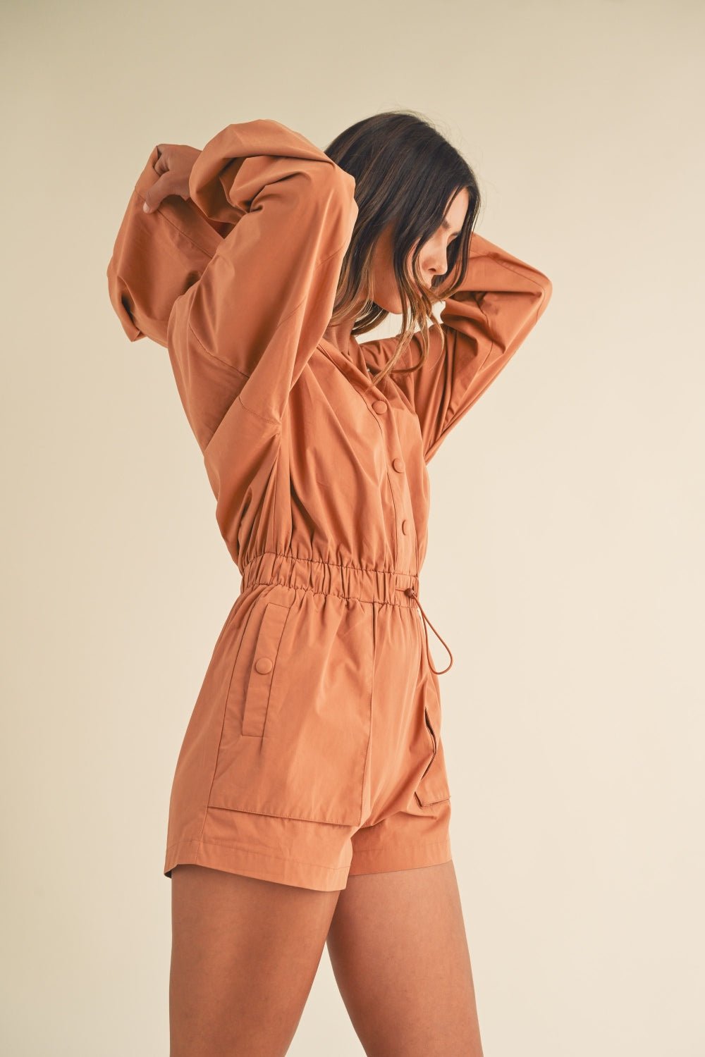 Mable Snap Down Long Sleeve Hooded Romper - Romper - Tan - Bella Bourget