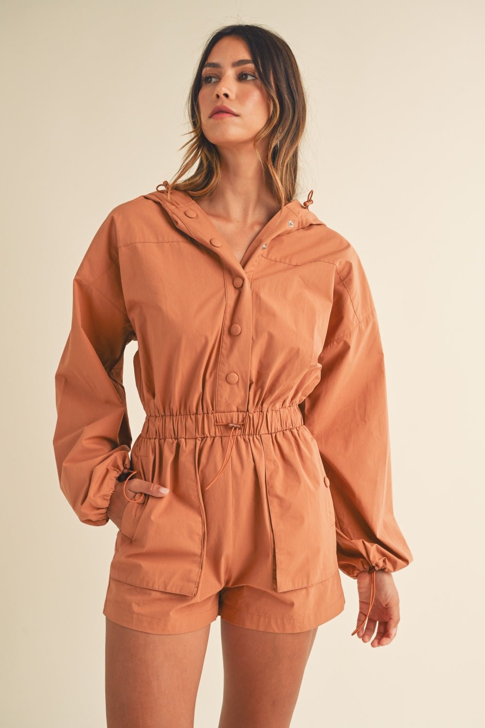 Mable Snap Down Long Sleeve Hooded Romper - Romper - Tan - Bella Bourget