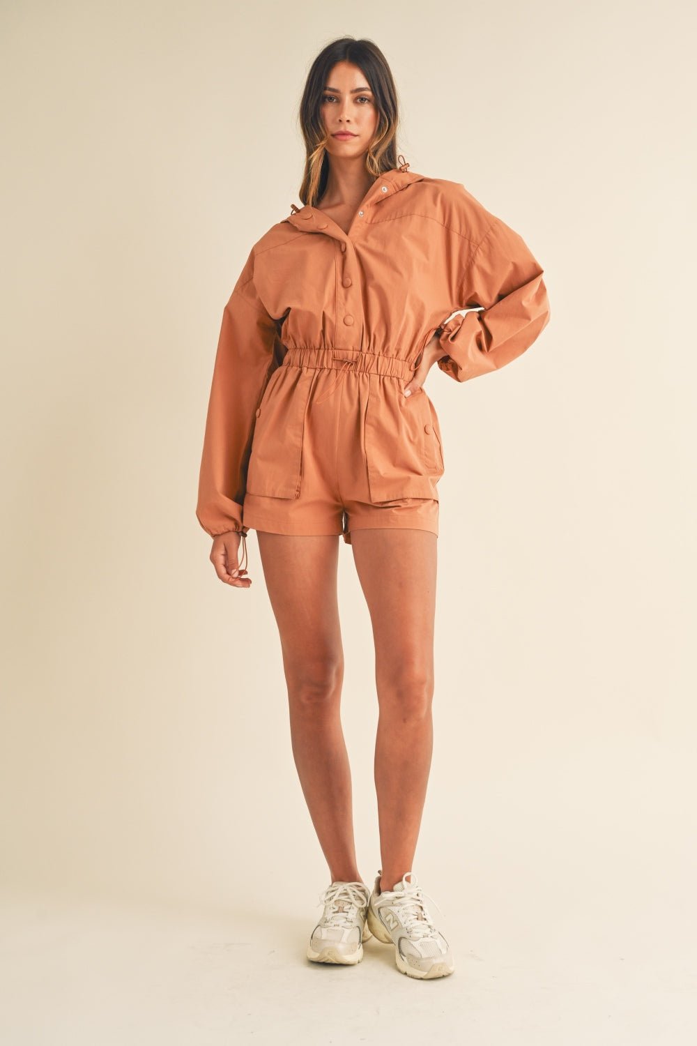 Mable Snap Down Long Sleeve Hooded Romper - Romper - Tan - Bella Bourget