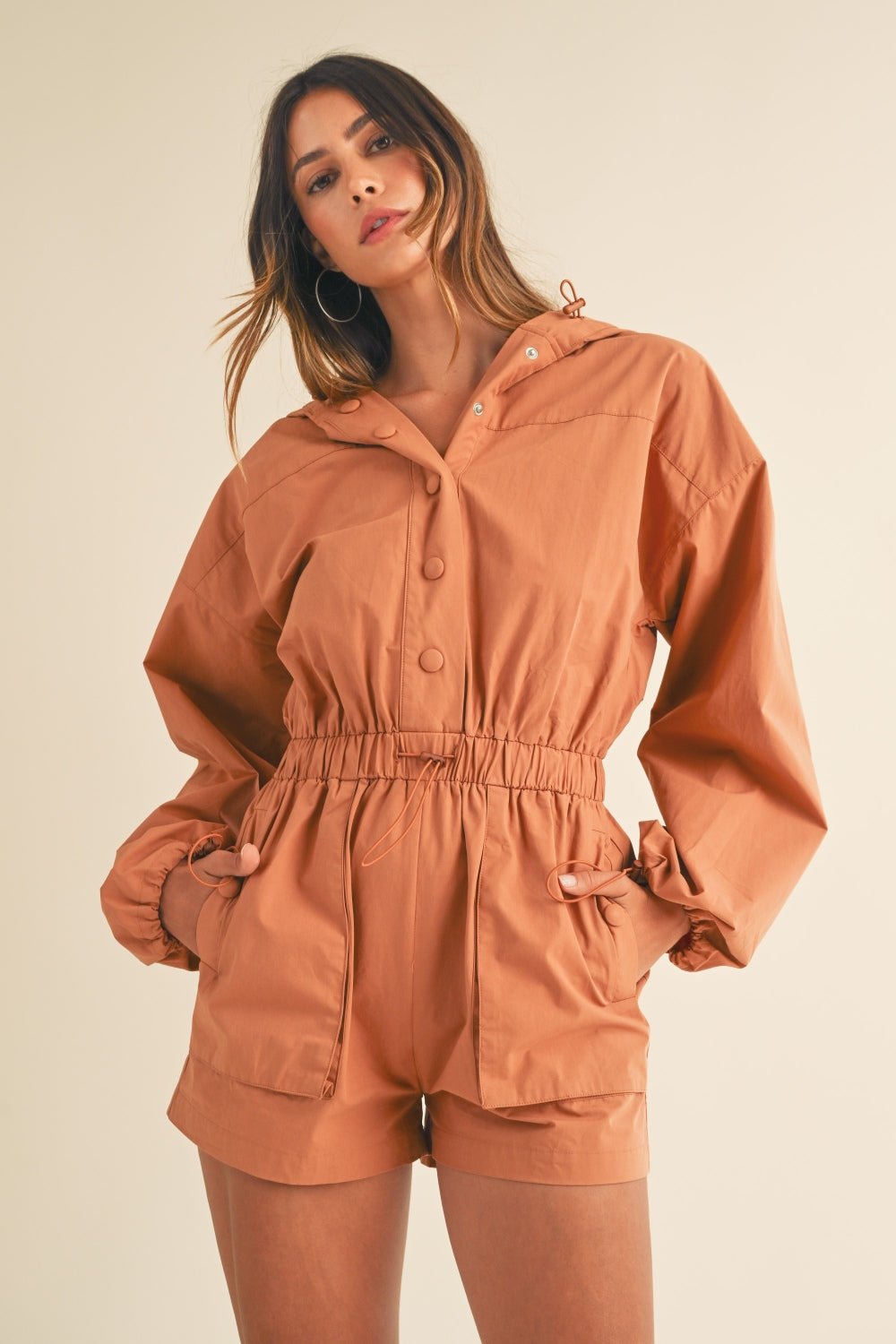 Mable Snap Down Long Sleeve Hooded Romper - Romper - Tan - Bella Bourget