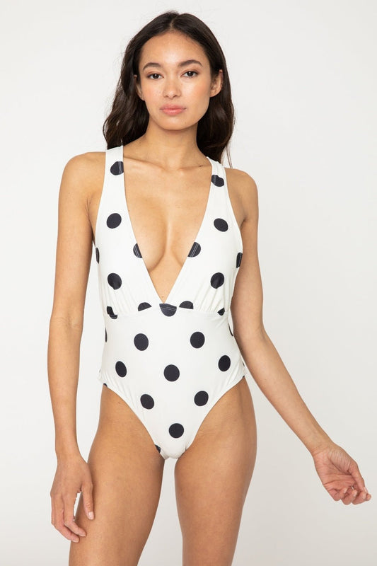 Marina West Swim Beachy Keen Polka Dot Tied Plunge One - Piece Swimsuit - One - Piece Swimsuit - Ivory - Bella Bourget