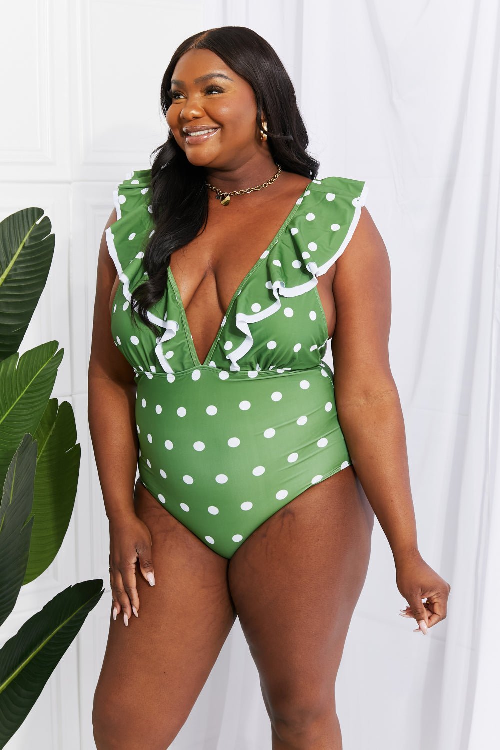 Marina West Swim Moonlit Dip Ruffle Plunge Swimsuit in Mid Green - One - Piece Swimsuit - Mid Green - Bella Bourget