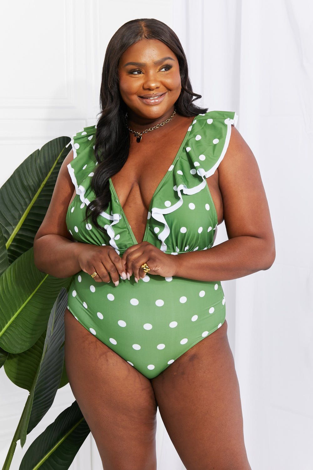 Marina West Swim Moonlit Dip Ruffle Plunge Swimsuit in Mid Green - One - Piece Swimsuit - Mid Green - Bella Bourget