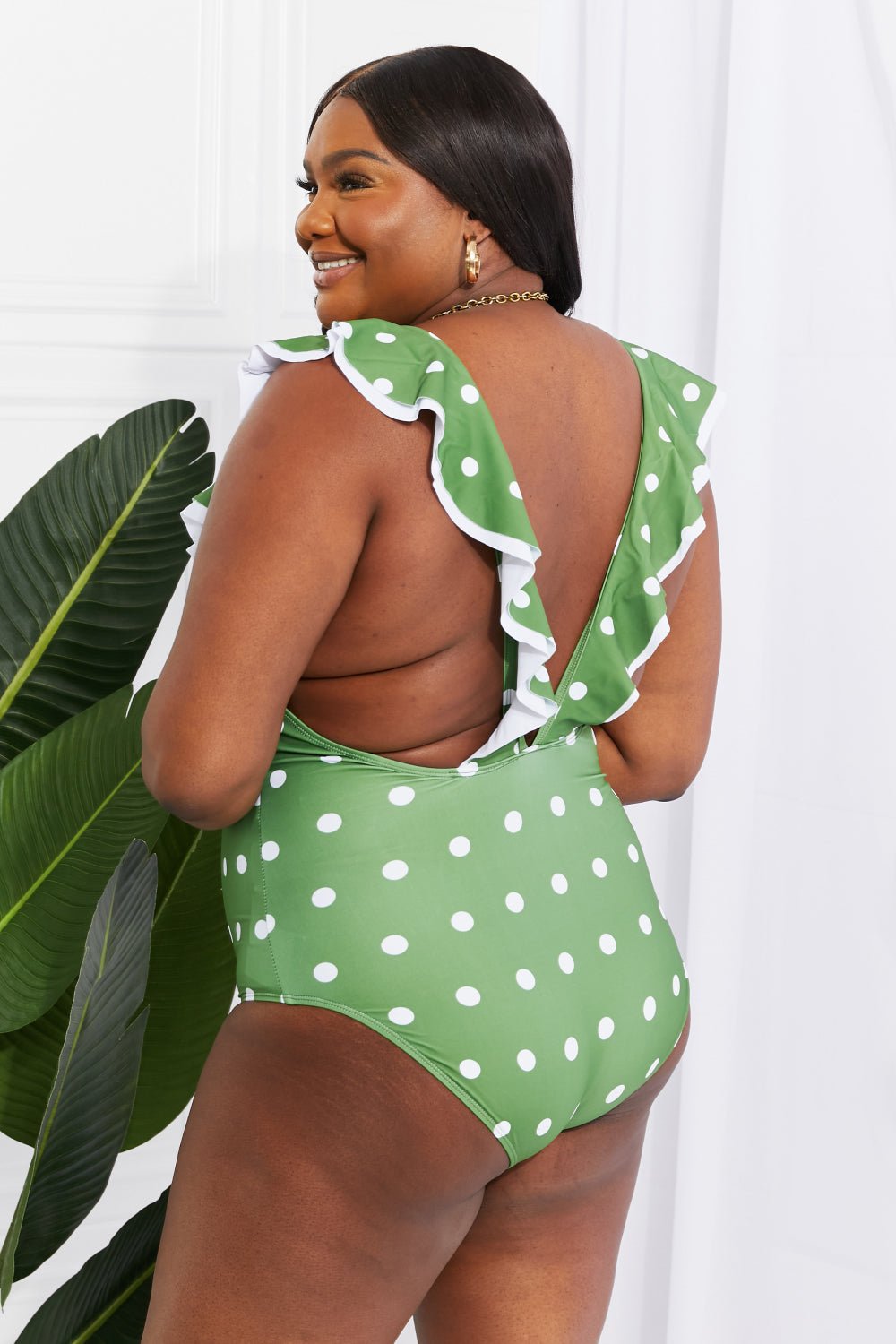 Marina West Swim Moonlit Dip Ruffle Plunge Swimsuit in Mid Green - One - Piece Swimsuit - Mid Green - Bella Bourget