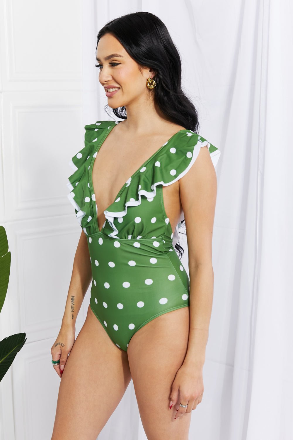 Marina West Swim Moonlit Dip Ruffle Plunge Swimsuit in Mid Green - One - Piece Swimsuit - Mid Green - Bella Bourget