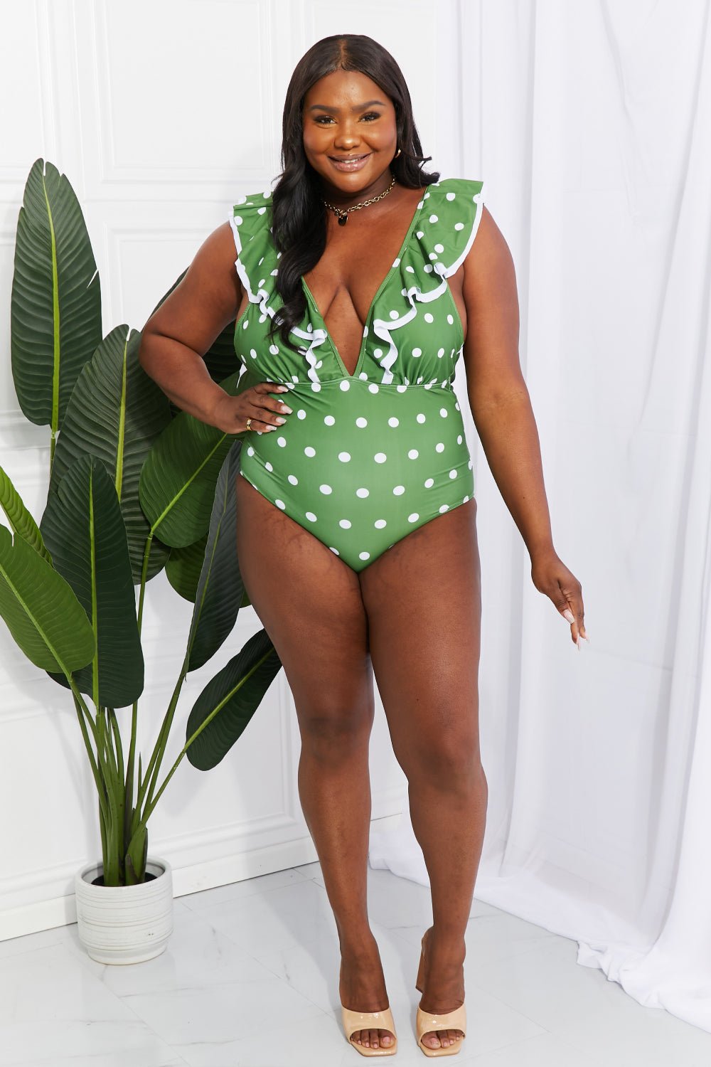 Marina West Swim Moonlit Dip Ruffle Plunge Swimsuit in Mid Green - One - Piece Swimsuit - Mid Green - Bella Bourget