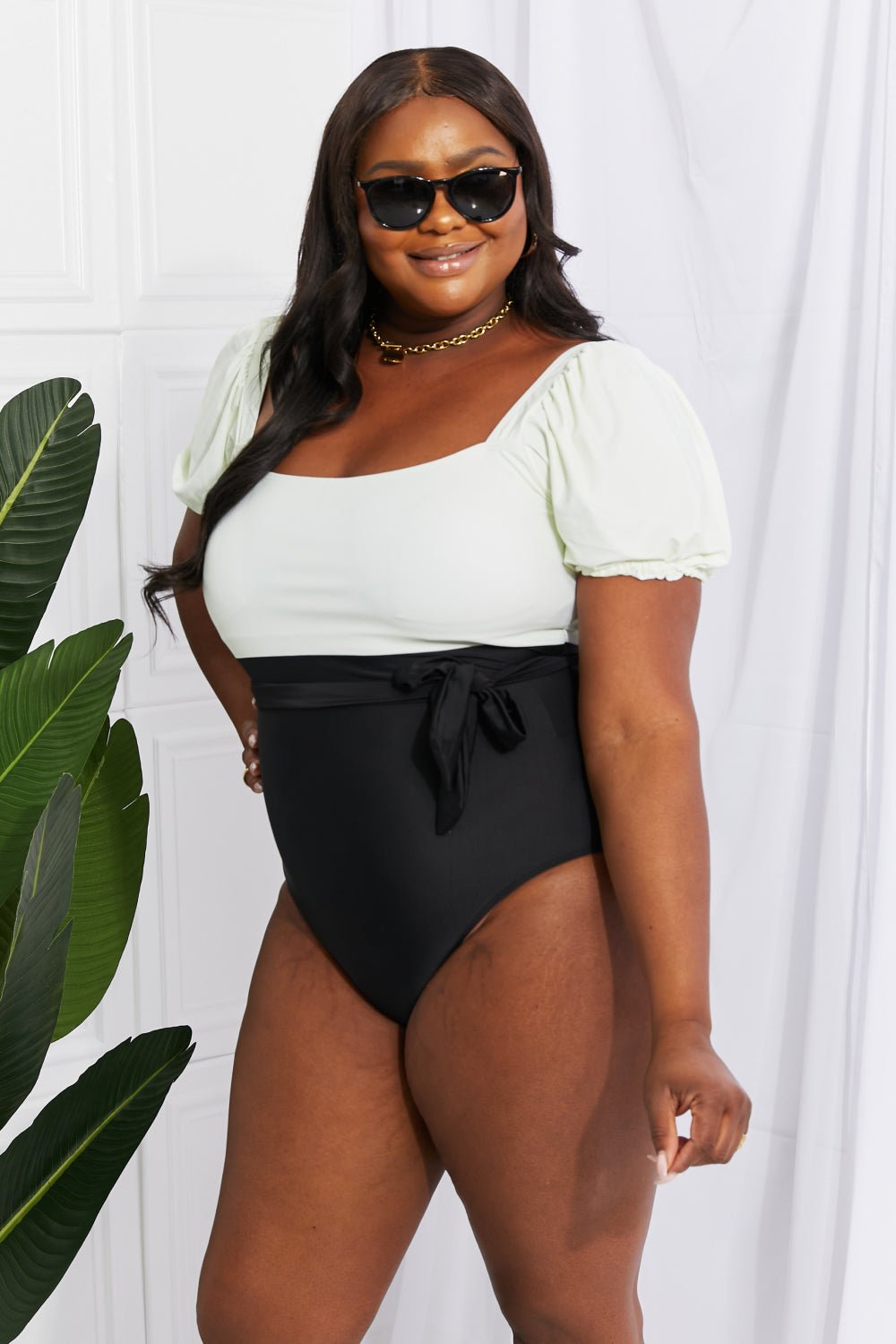 Marina West Swim Salty Air Puff Sleeve One - Piece in Cream/Black - One - Piece Swimsuit - Cream/Black - Bella Bourget